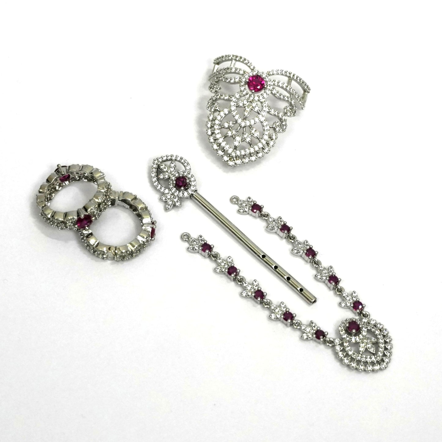 Sterling Silver Krishna Accessories Set – Bansuri, Mala, Mukut & Kada (Red Gemstones)