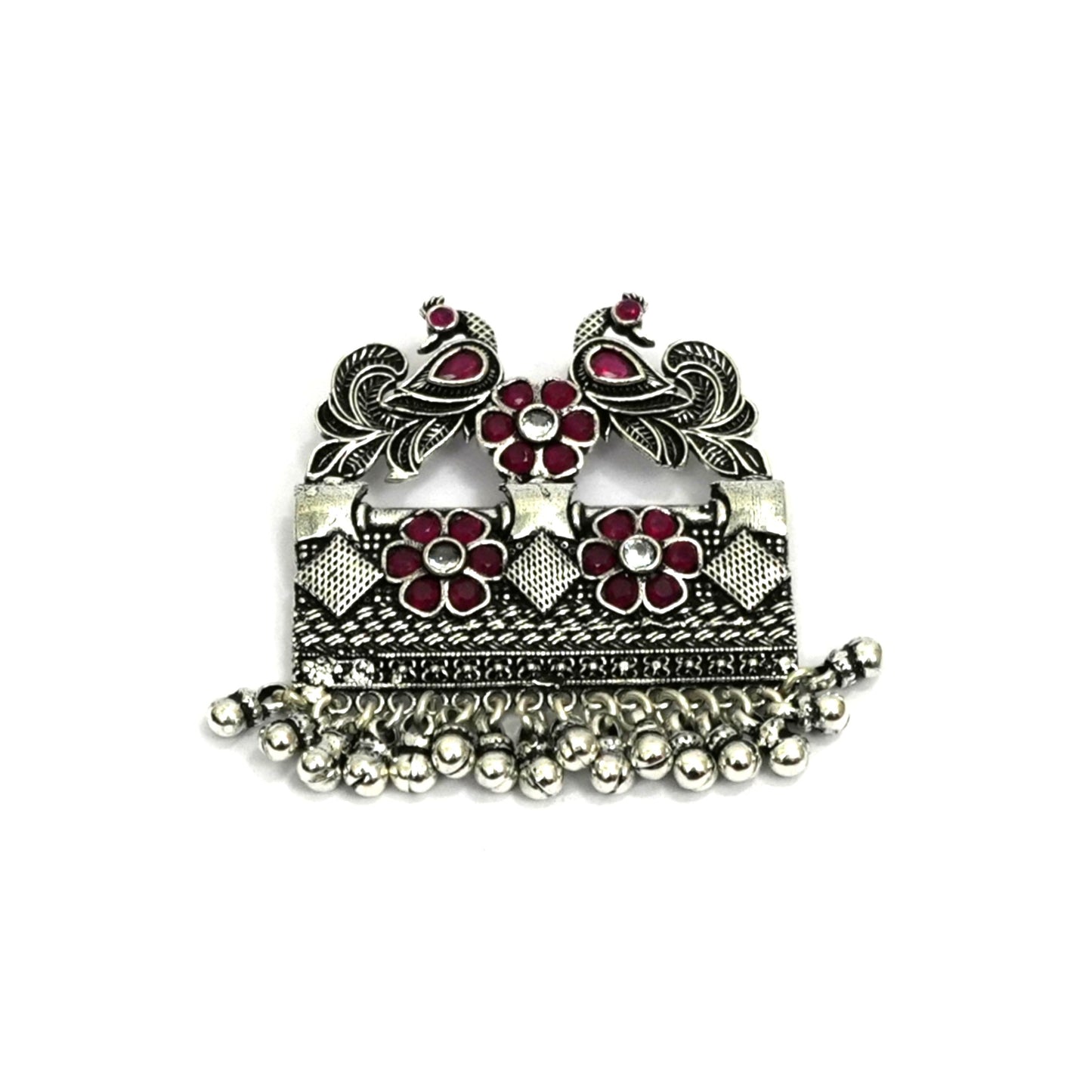 Sterling Silver Necklace – Floral Motif with Dark Pink Ruby Gemstones