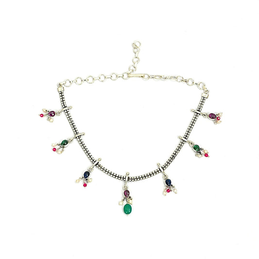 Sterling Silver Tribal Necklace – Multicolor Gemstone Charm Design