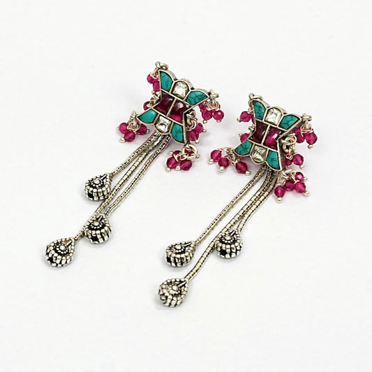 Sterling Silver Tribal Necklace Set – Turquoise Green & Red Gemstone Motif