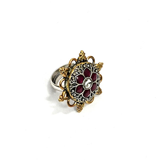 Sterling Silver Adjustable Ring – Red Floral Enamel Motif