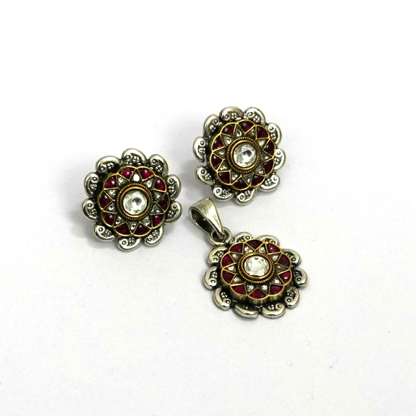 Sterling Silver Pendant Set – Floral Motif with Red Gemstones