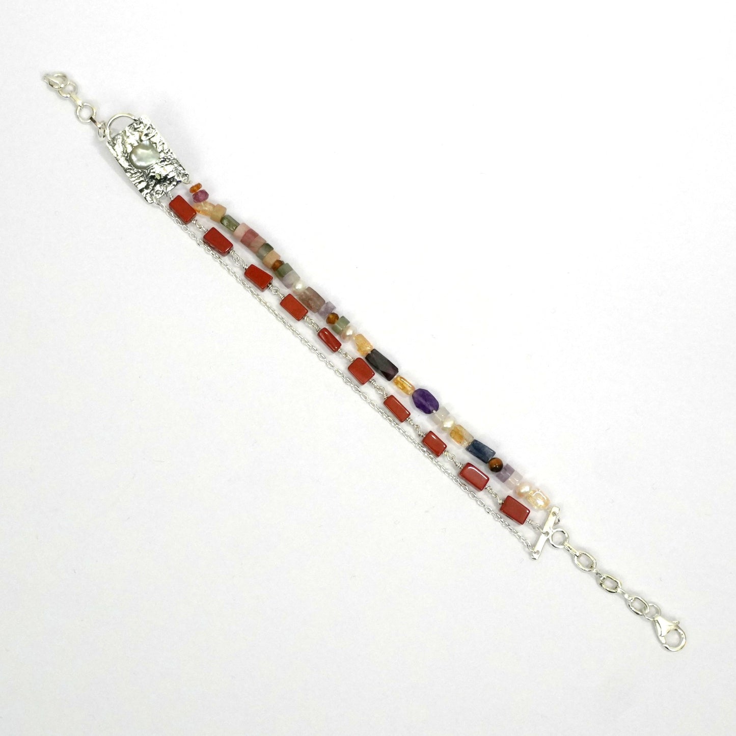 Sterling Silver Bracelet – Multicolor Beads with Ornamental Clasp