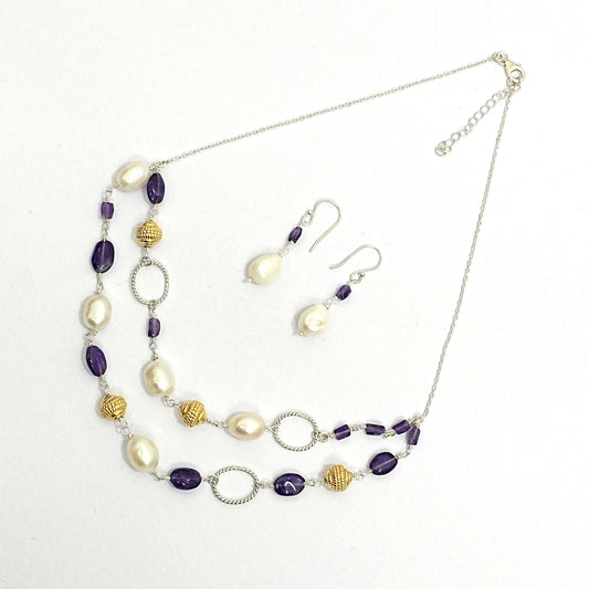 Amethyst & Freshwater Pearl Sterling Silver Necklace Set