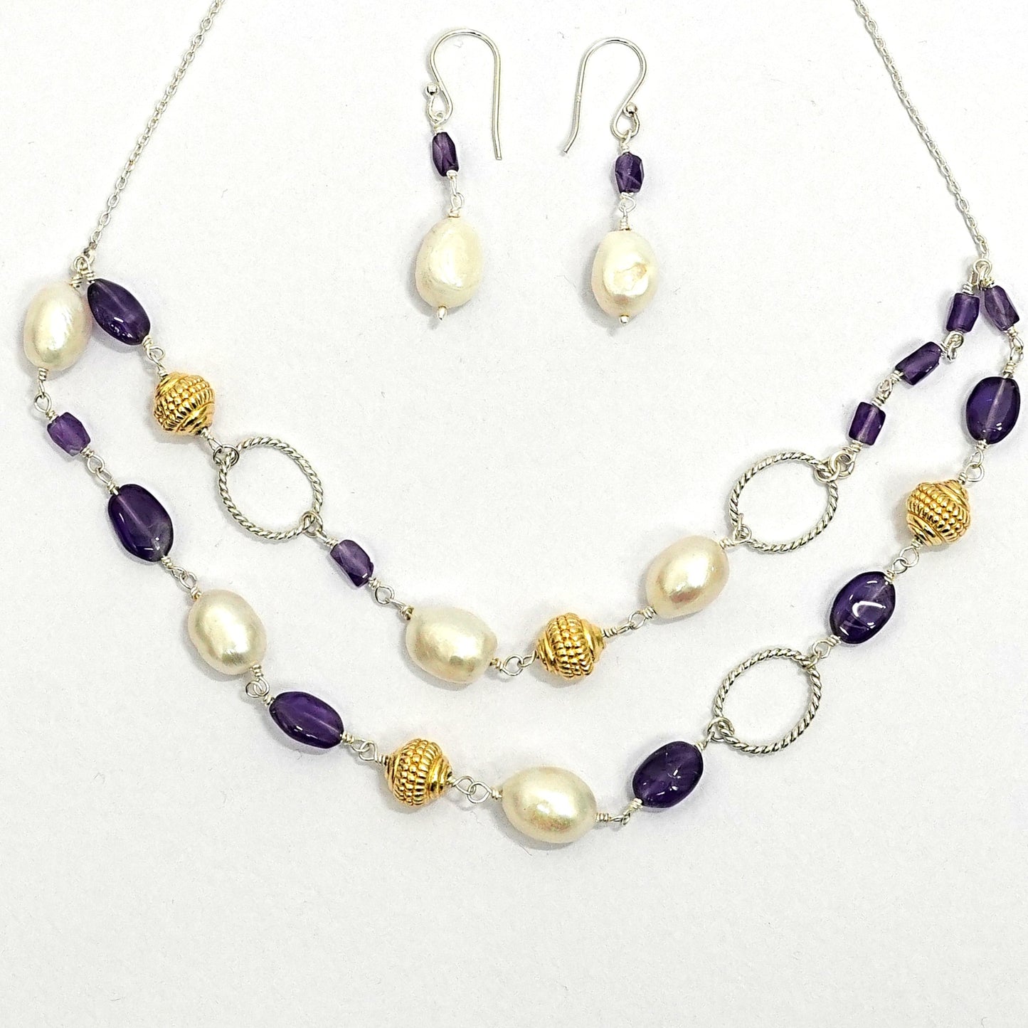 Amethyst & Freshwater Pearl Sterling Silver Necklace Set