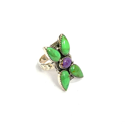 Green & Amethyst Aura Quartz Sterling Silver Statement Ring
