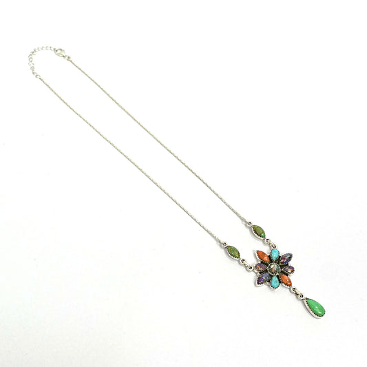 Multicolour Floral Gemstone Sterling Silver Necklace Set