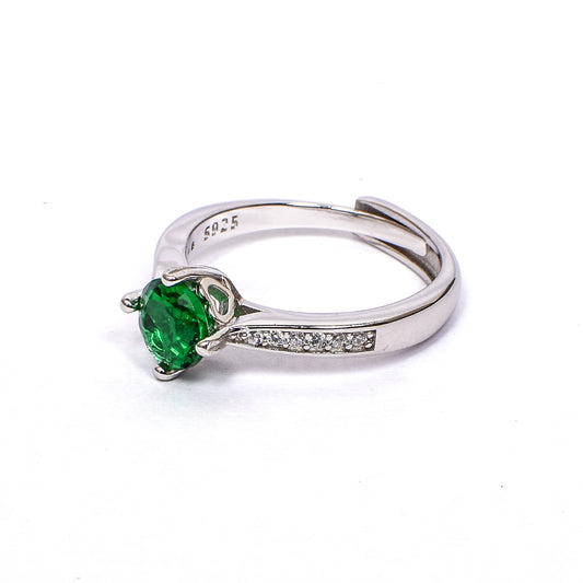 Women’s Silver Ring – Green Solitaire with Pavé Band (Adjustable Size)