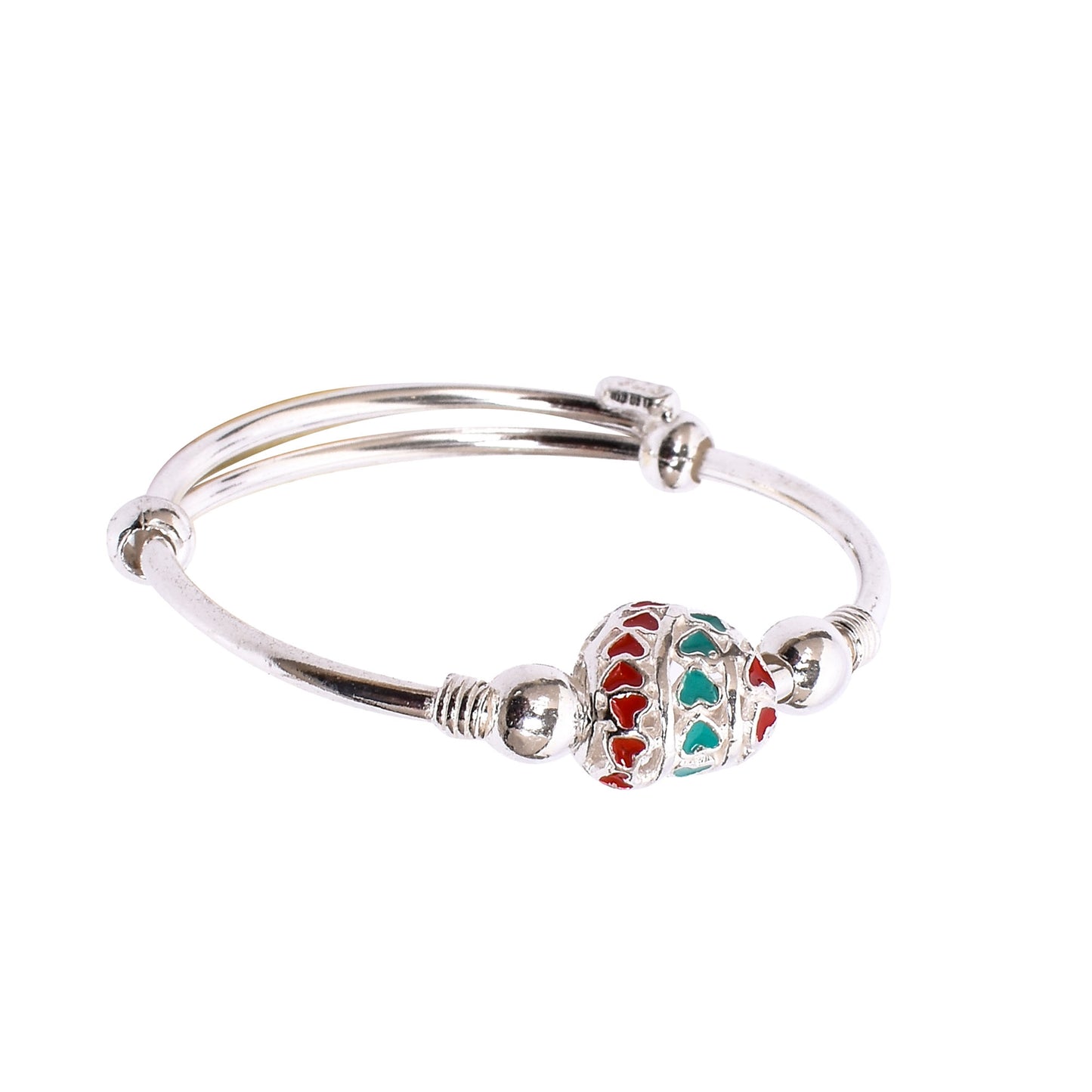 Kids Silver Kada – Red & Turquoise Heart Bead Design (Standard Size)