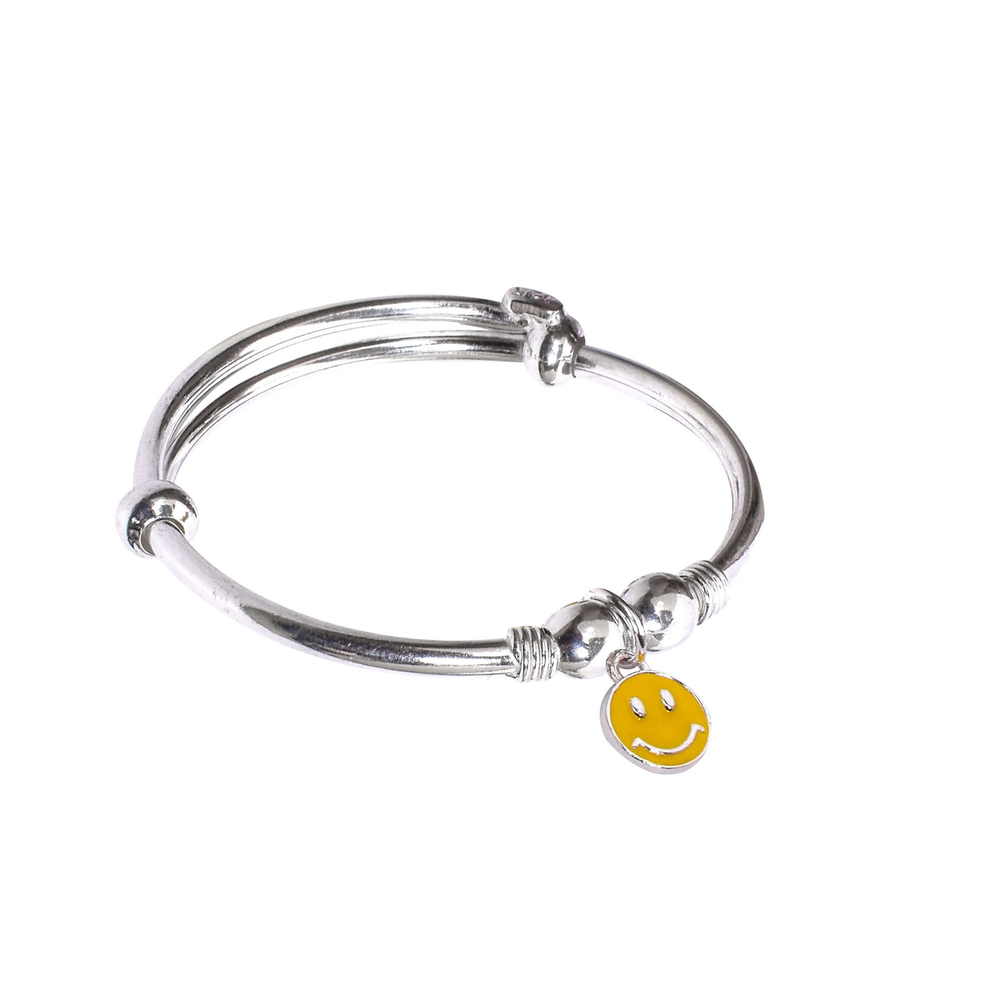 Kids Silver Kada – Yellow Smiley Charm Design (Standard Size)