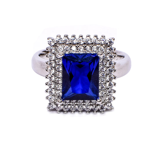 Women’s Silver Ring – Sapphire Blue Gemstone with Double Halo (Size 14)