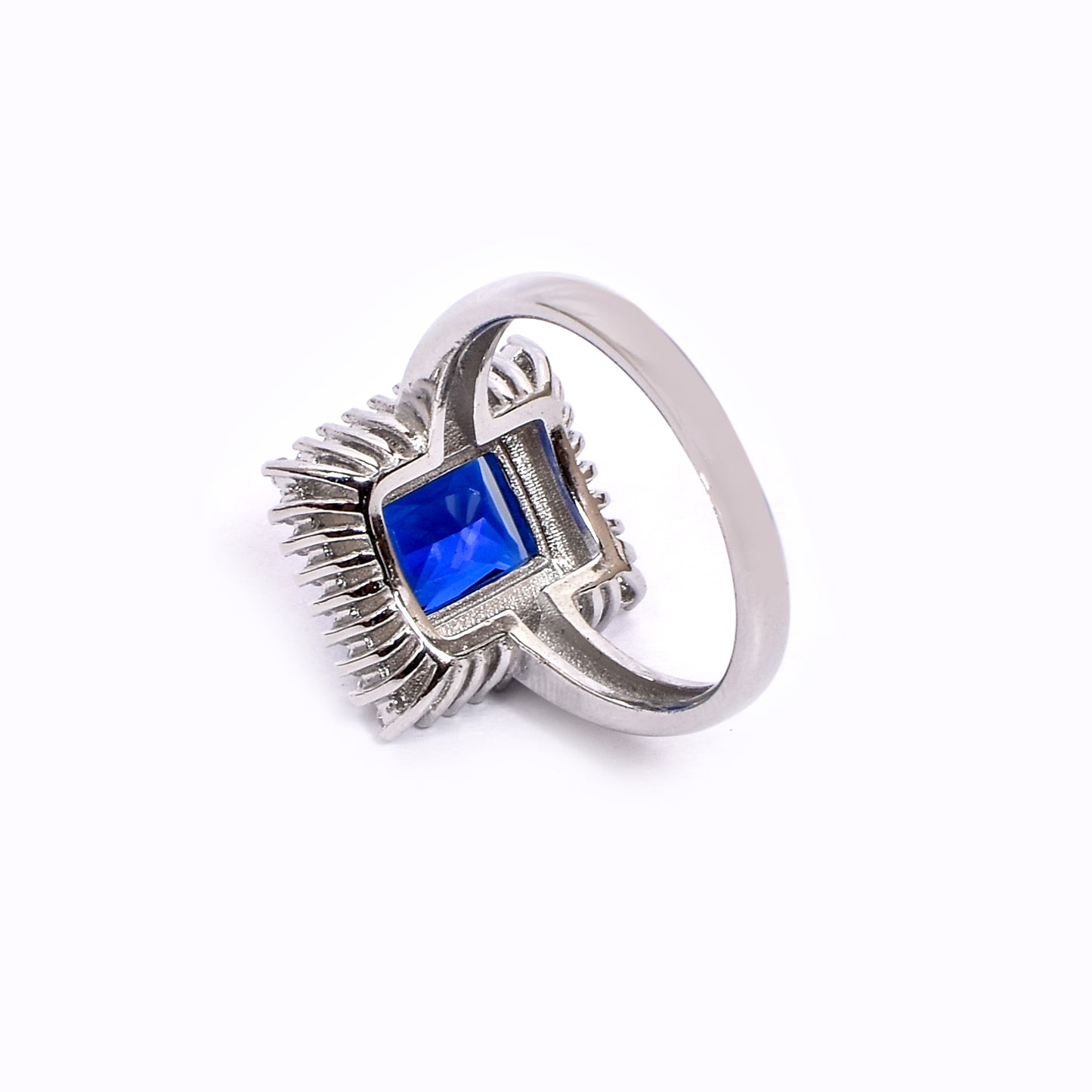 Women’s Silver Ring – Sapphire Blue Gemstone with Double Halo (Size 14)