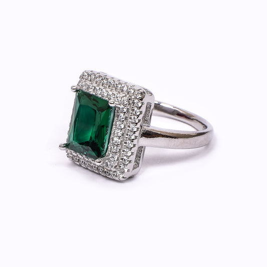 Women’s Silver Ring – Emerald-Cut Green Gemstone with Double Halo (Size 13)