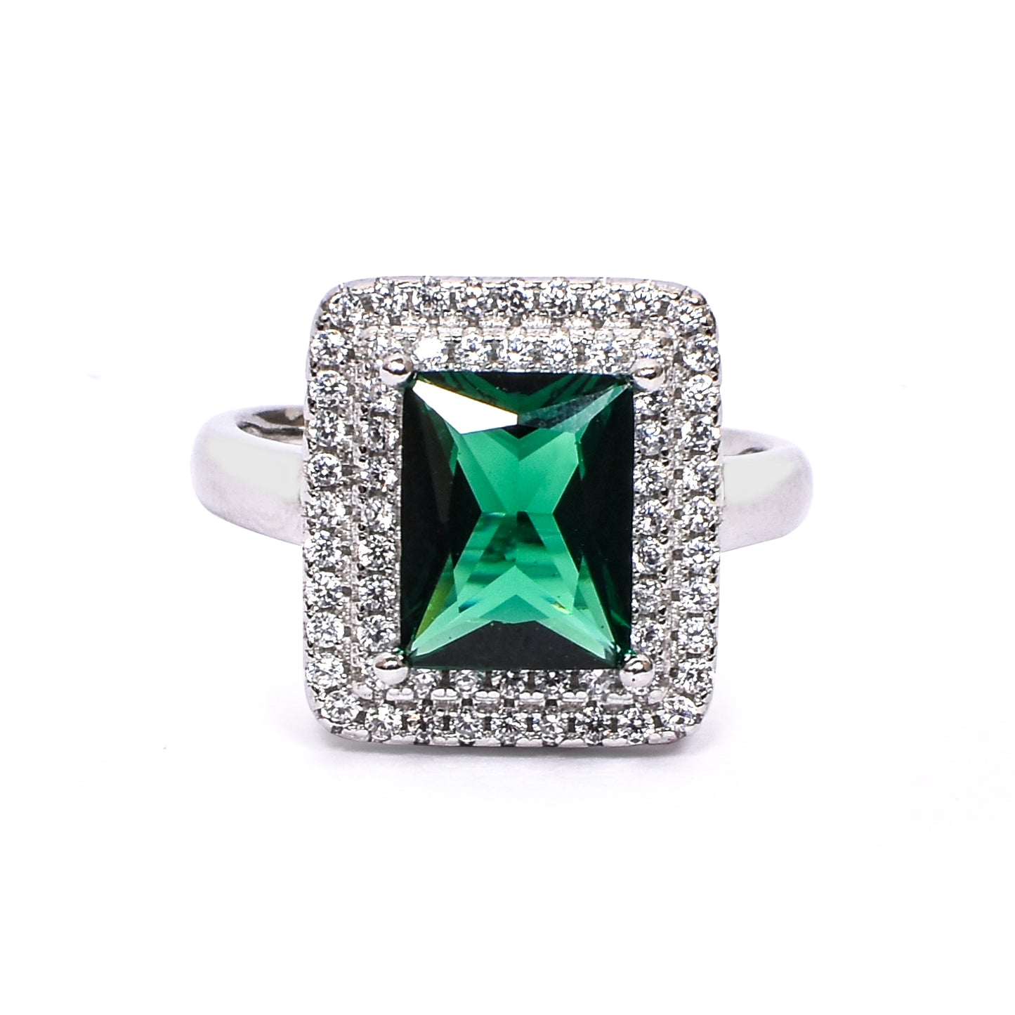 Women’s Silver Ring – Emerald-Cut Green Gemstone with Double Halo (Size 13)