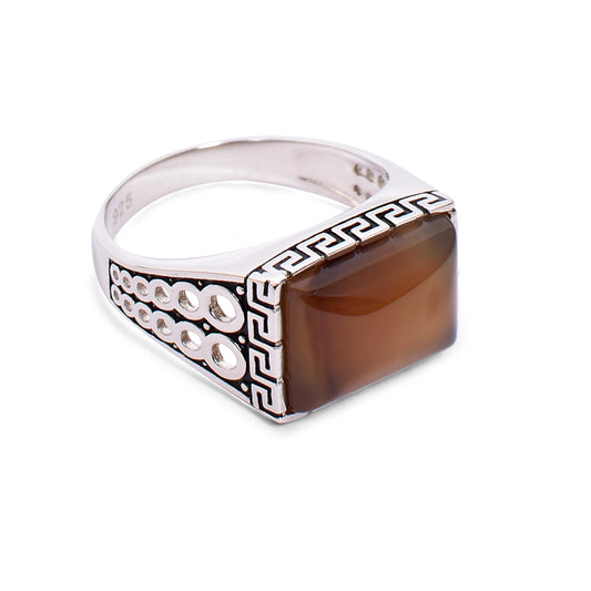 Men's Silver Ring – Smoky Brown Quartz with Greek Key Design