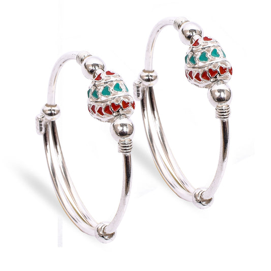 Kids Silver Kada – Red & Turquoise Heart Bead Design (Standard Size)
