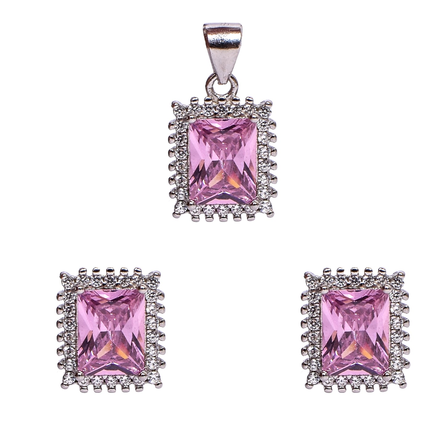 Women’s Silver Pendant Set – Pink Gemstone Rectangle Motif with Pavé Accents (Pendant 1.2 cm, Earrings 2 cm)