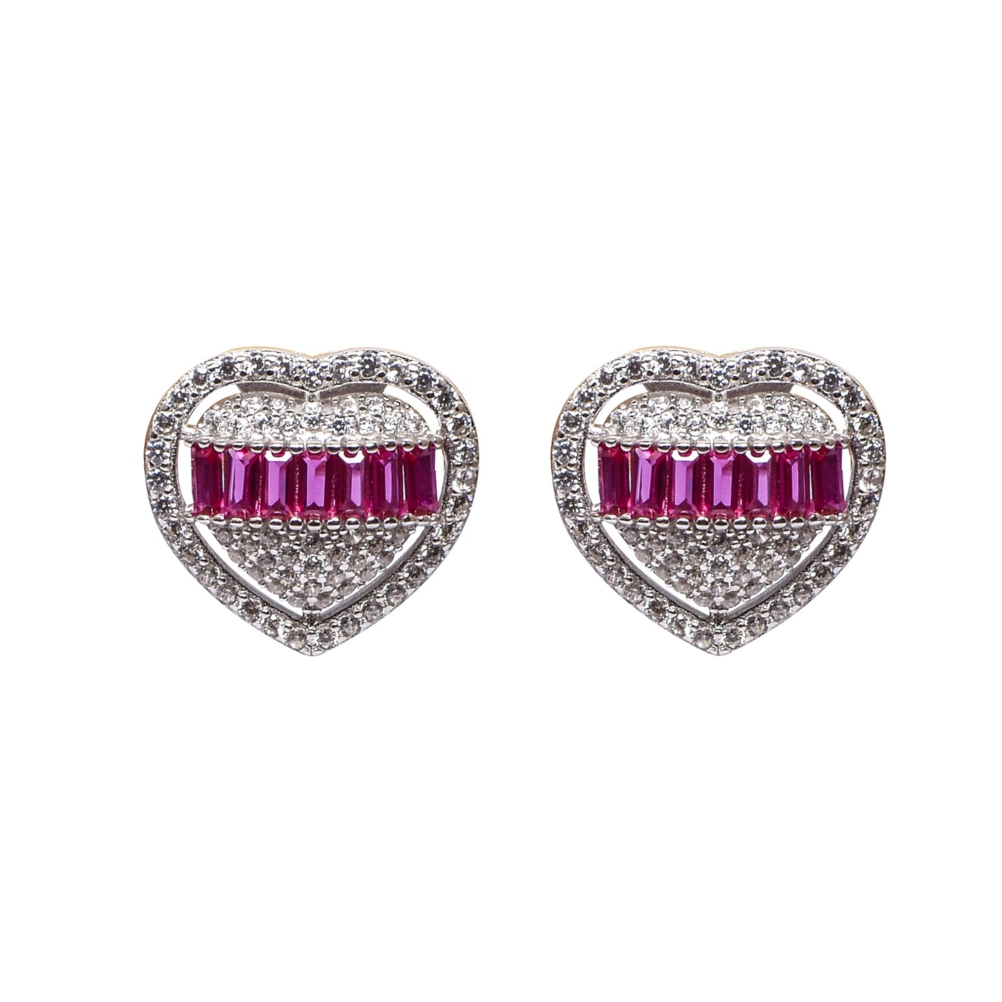 Women’s Silver Pendant Set – Ruby Pink Heart Motif with Pavé Accents (Pendant 2 cm, Earrings 1.5 cm)