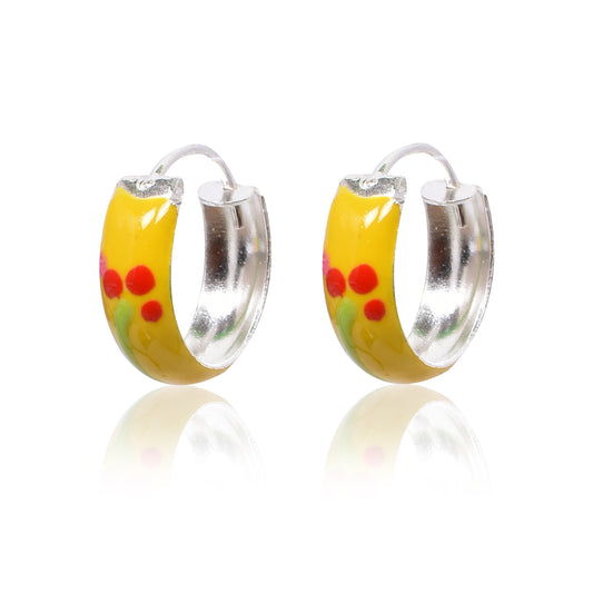 Kids Silver Earrings – Yellow Floral Hoop Design (1.3 cm)