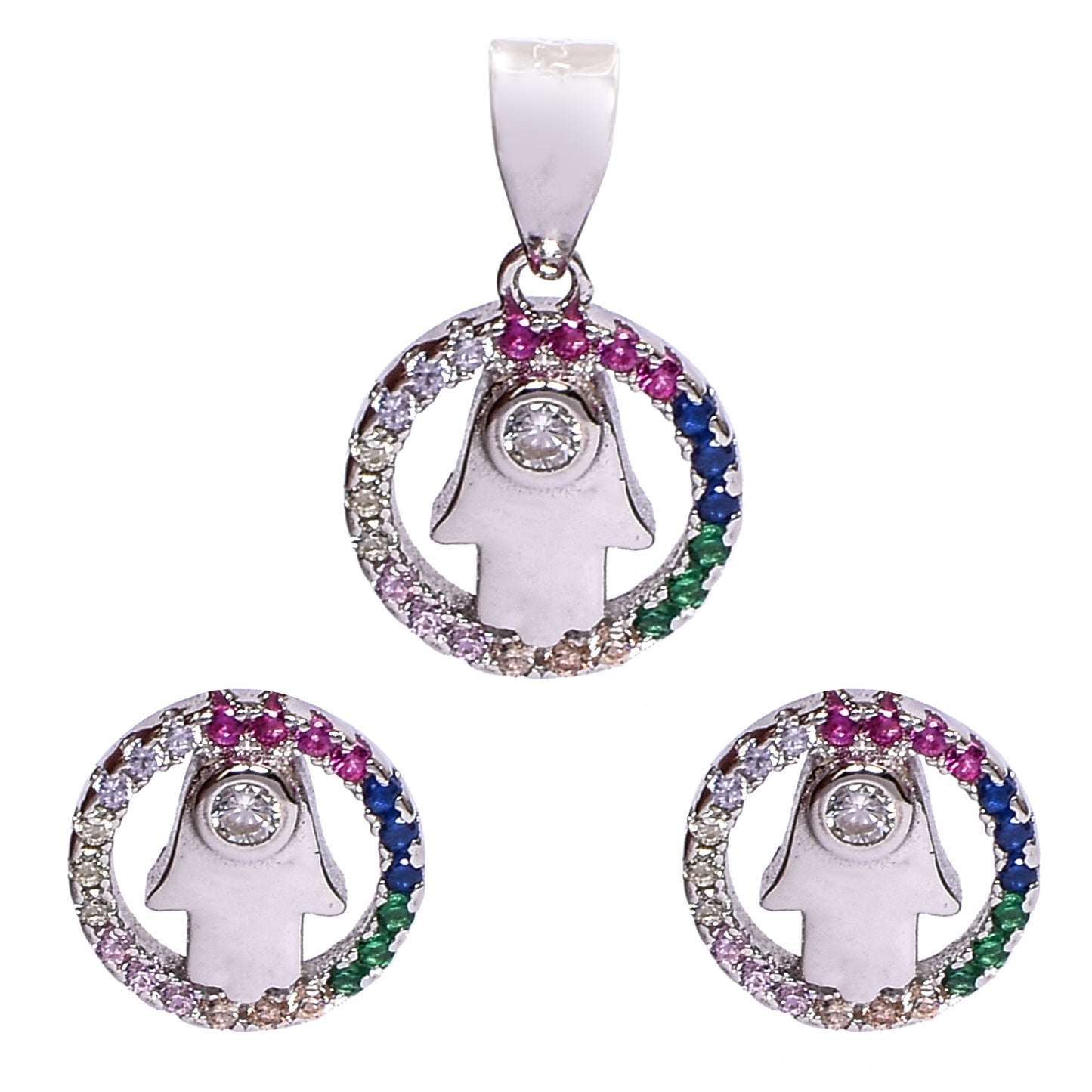 Multicolour Hamsa Pendant Set – Symbolic Elegance for Women (Pendant 1.5 cm | Earrings 0.75 cm)