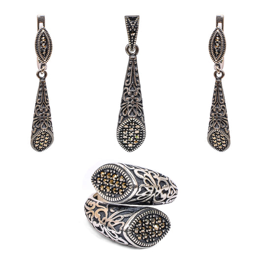 Women’s Silver Pendant Set with Ring – Marcasite Teardrop Motif