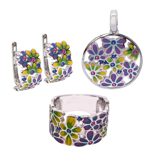 Multicolour Floral Jewellery Set –Pendant, Earrings & Ring