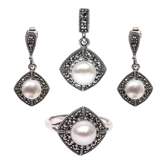 Women’s Silver Pendant Set with Ring – Pearl & Marcasite Square Motif