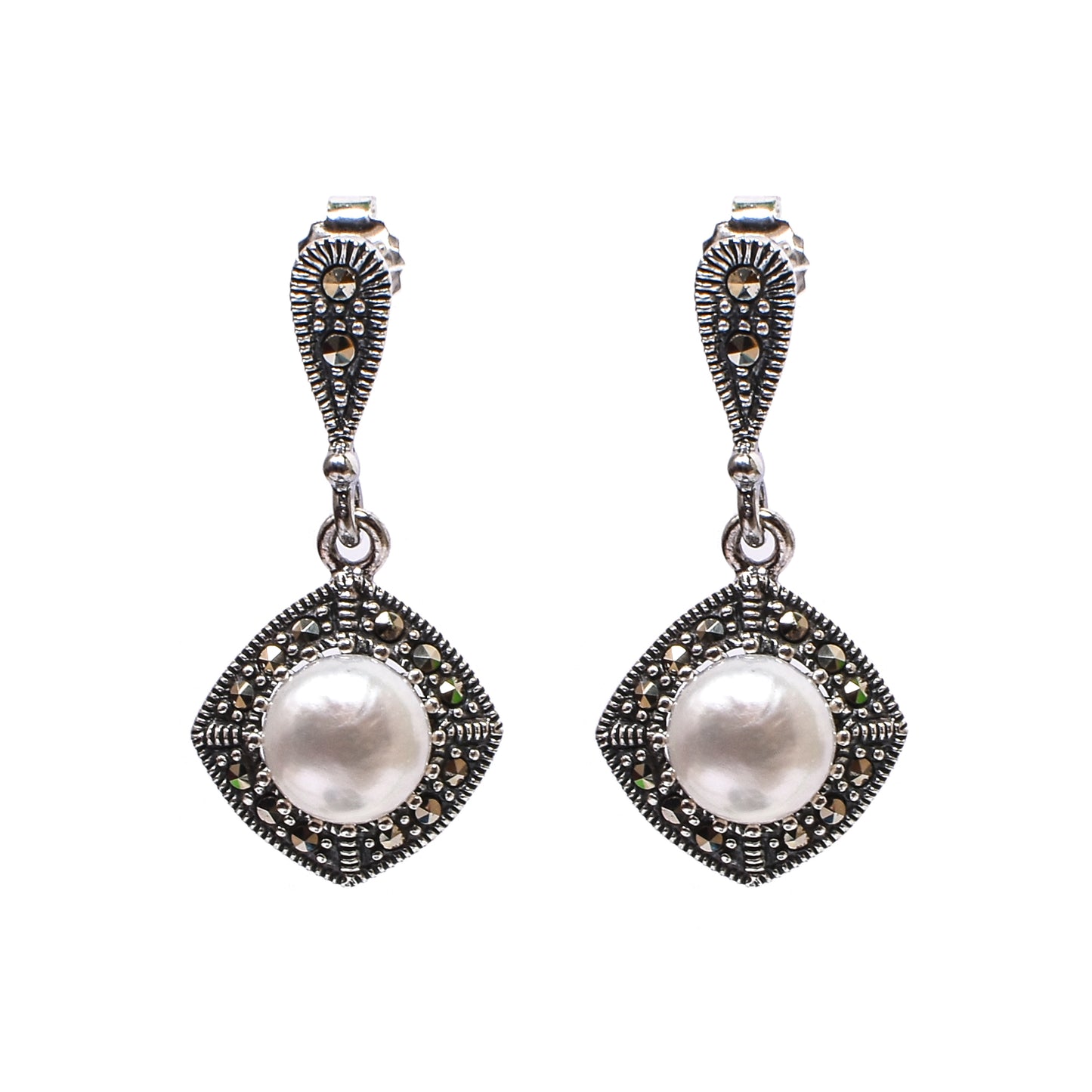 Women’s Silver Pendant Set with Ring – Pearl & Marcasite Square Motif