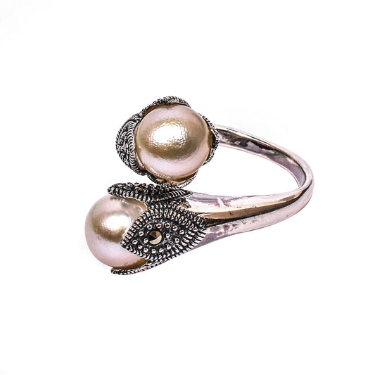 Women’s Silver Pendant Set with Ring – Twin Pearl & Marcasite Teardrop Motif