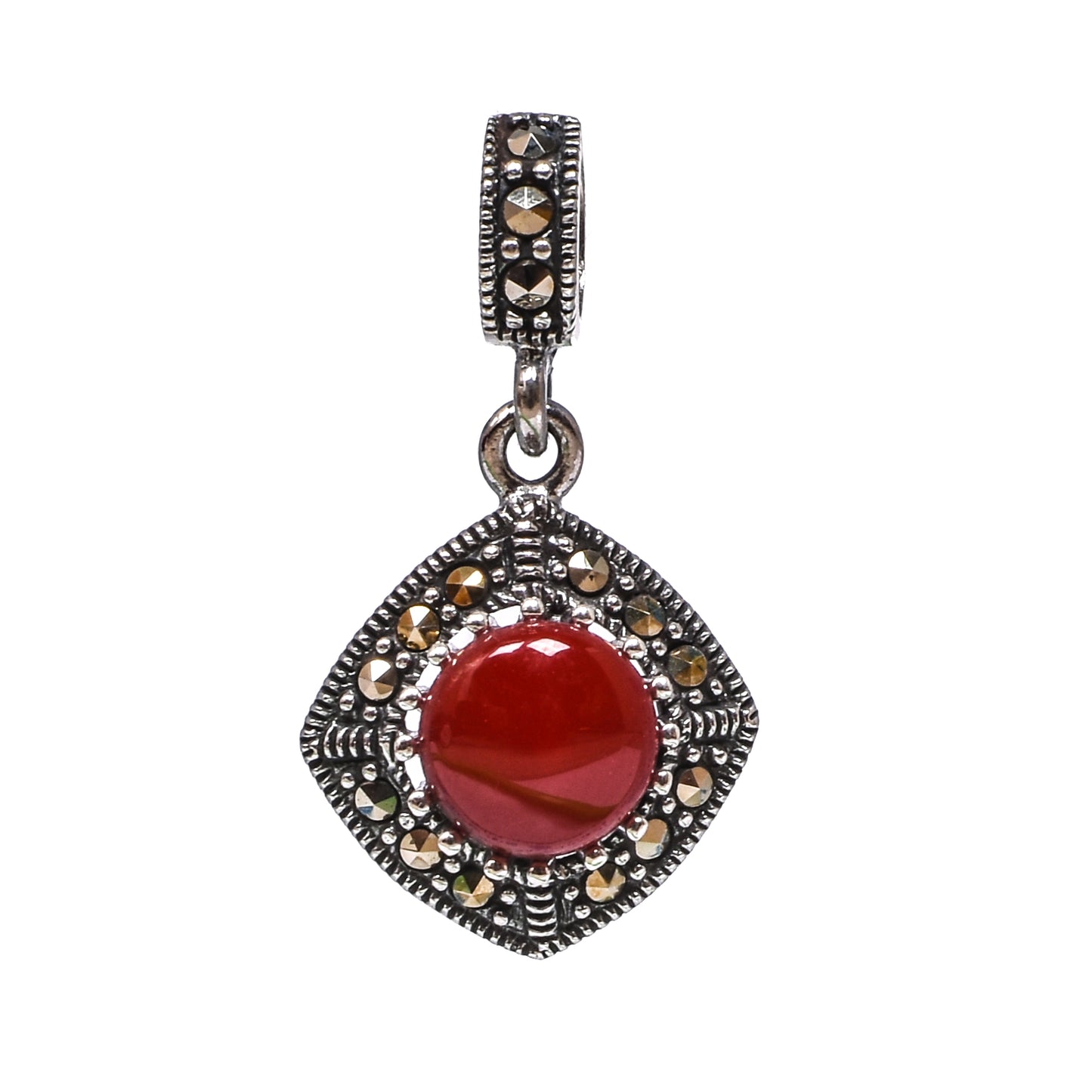 Women’s Silver Pendant Set with Ring – Red Gemstone Square Motif