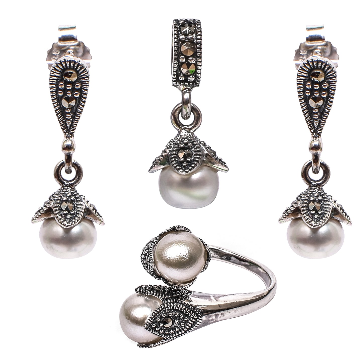 Women’s Silver Pendant Set with Ring – Twin Pearl & Marcasite Teardrop Motif