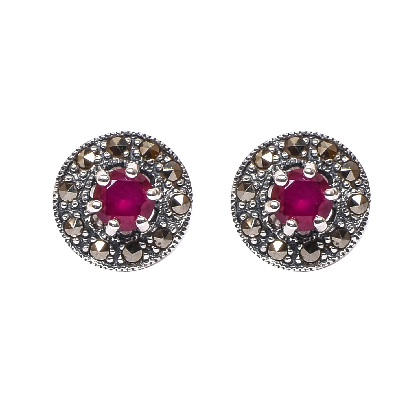 Women’s Silver Stud Earrings – Ruby Pink Round Motif with Marcasite Accents (Size 1 cm)