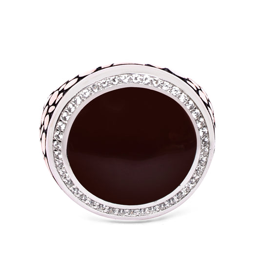 Men's Silver Ring – Brown Gemstone with Halo & Textured Band