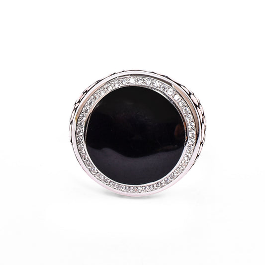 Men's Silver Ring – Black Stone with Halo & Scaled Band