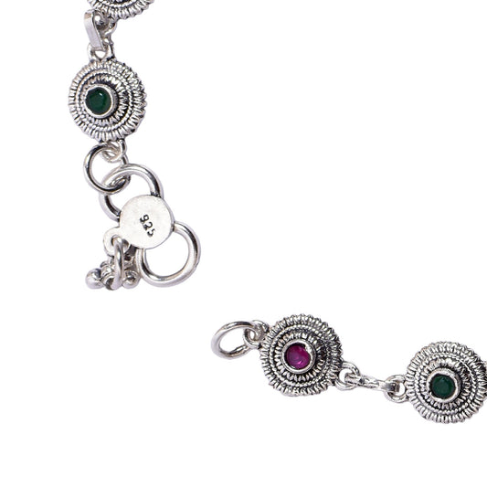 Women's Silver Anklet Pair – Emerald & Ruby Floral Motif (Size 10 inch)