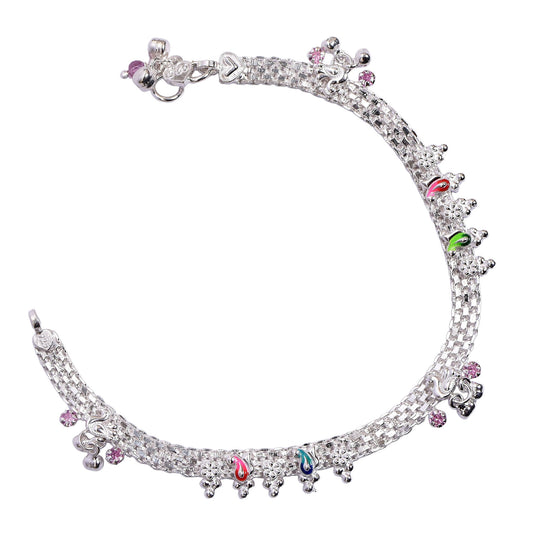 Women’s Silver Anklet Pair – Multi-Strand with Charms & Beads (Size 10.5 inch)