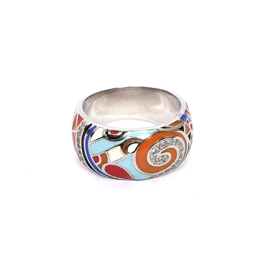 Women’s Silver Ring – Enamel Swirl Motif with Gemstone Accents (Size 14)