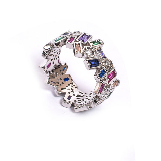 Women’s Silver Ring – Multicolor Gemstone Band with Geometric Cutouts (Size 13)
