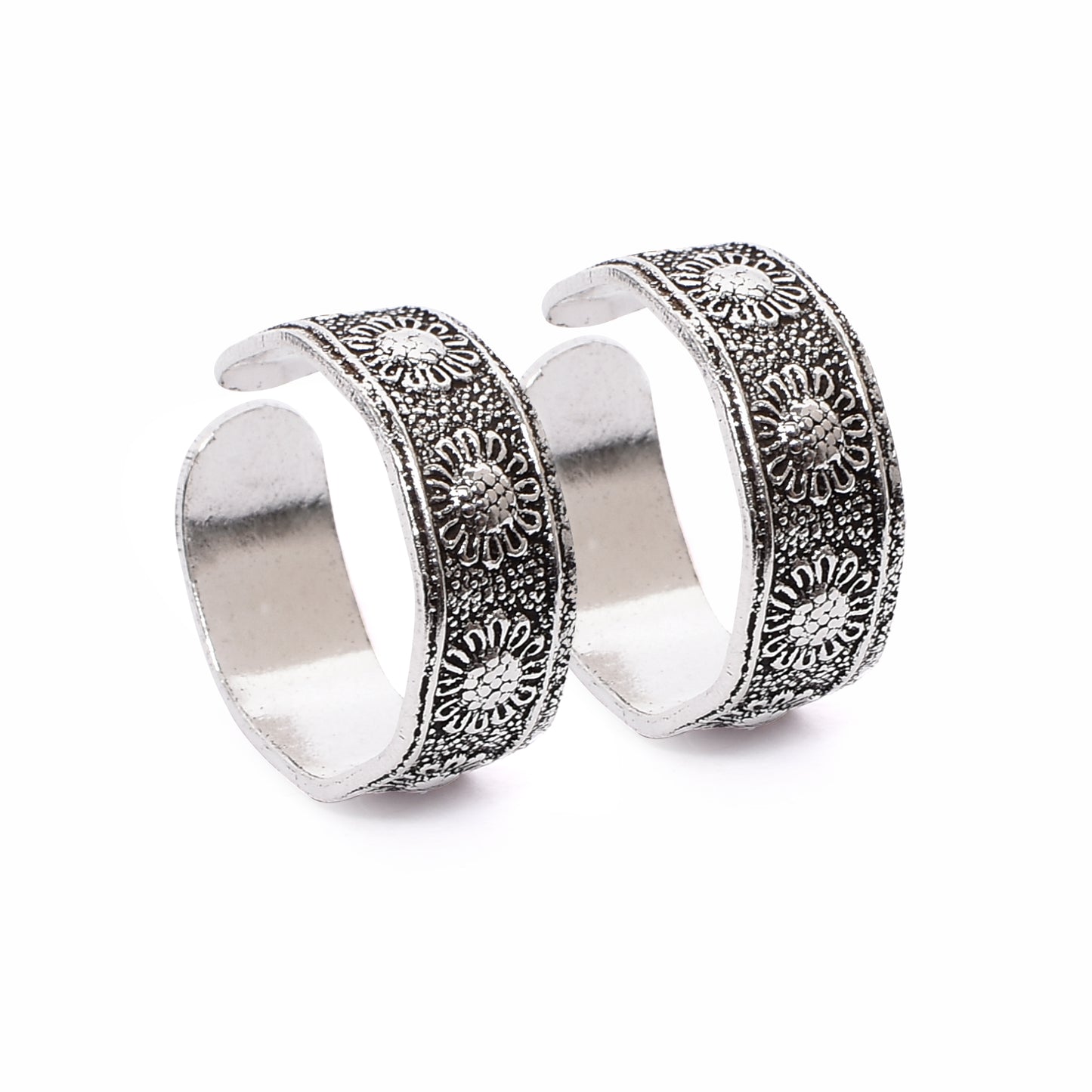 Silver Toe Ring Set – Floral Etched Design
