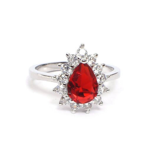 Women’s Silver Ring – Pear-Shaped Red Gemstone with Floral Halo (Size 10)