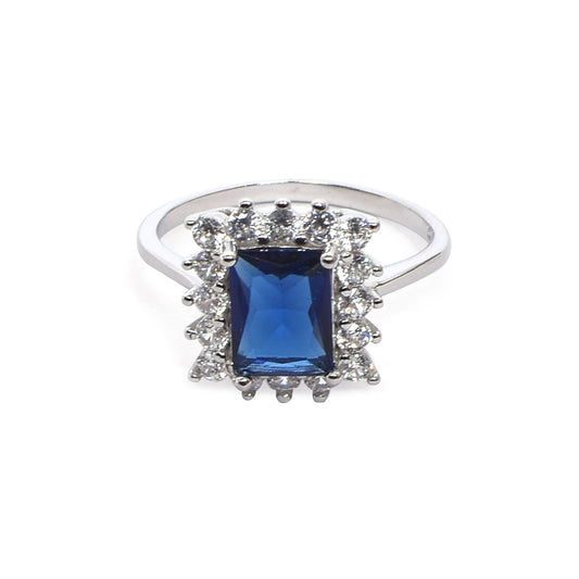 Women’s Silver Ring – Rectangular Blue Gemstone with Halo (Size 13)