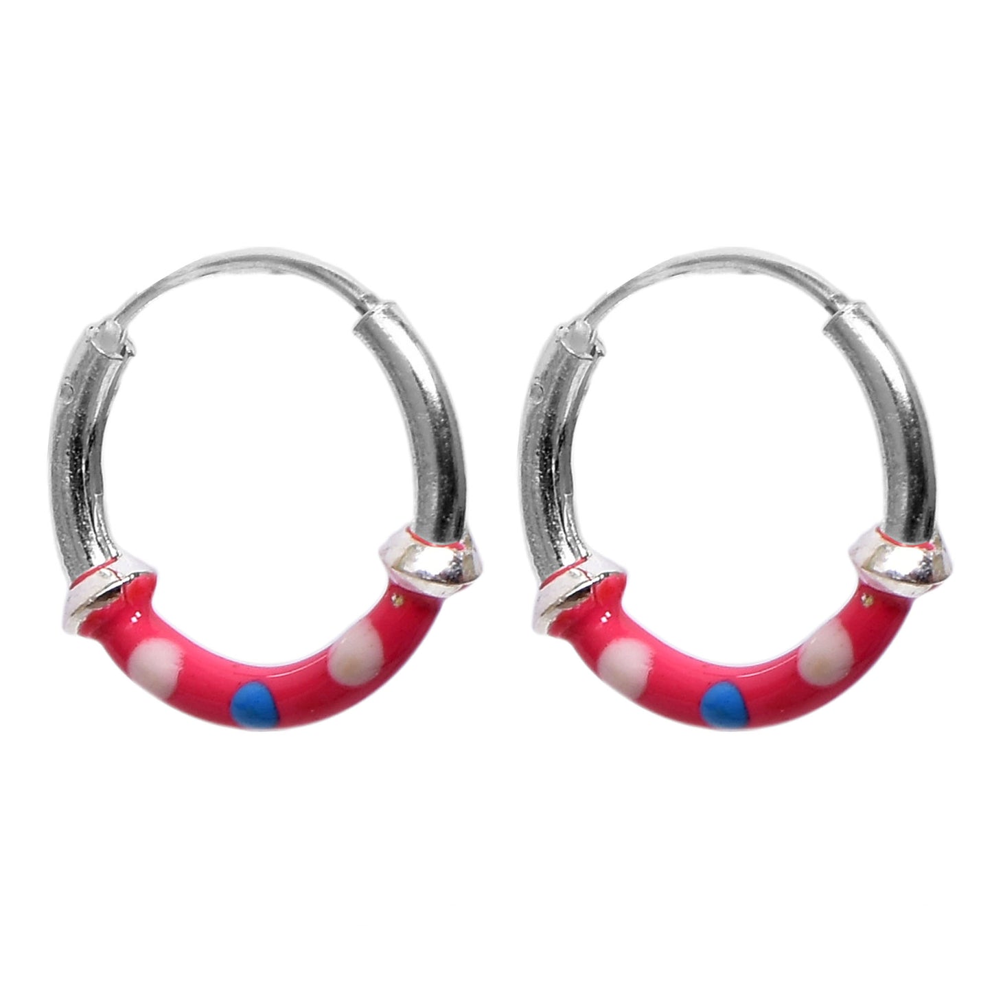 Kids Silver Earrings – Pink Hoop with White & Blue Dots (1.3 cm)