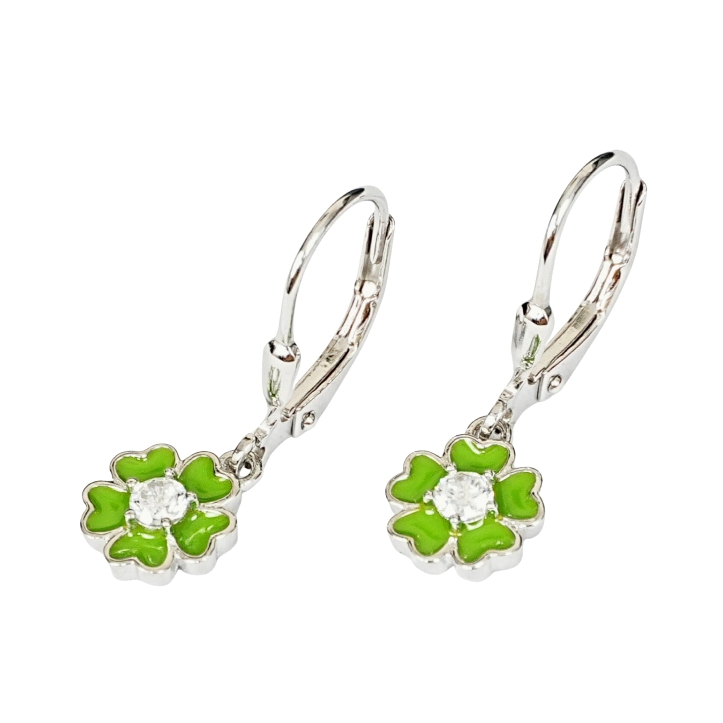 Sterling Silver Kids Earrings – Green Clover Charm with CZ