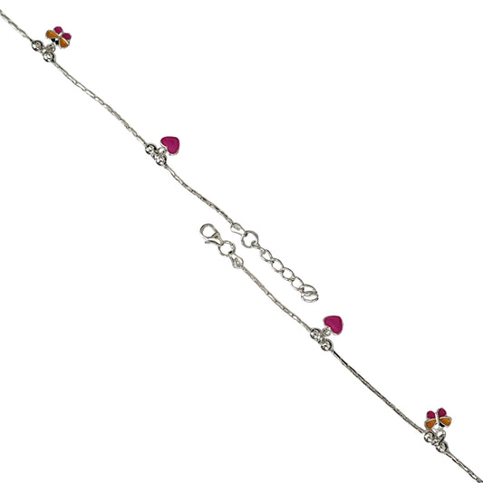 Sterling Silver Kids Anklet Pair – Heart & Flower Charm Design