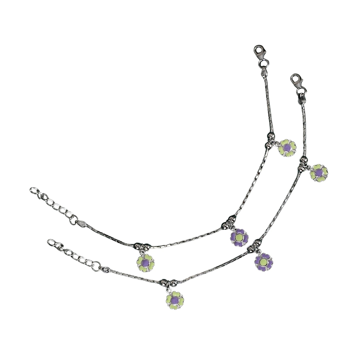 Sterling Silver Kids Anklet Pair – Purple & Green Floral Charm Design