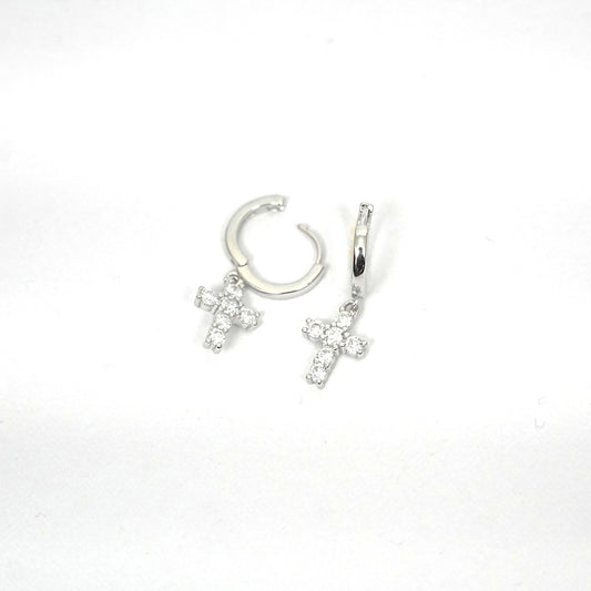 Sterling Silver Earrings – Cross & Gemstone Hoops (2.5 cm)