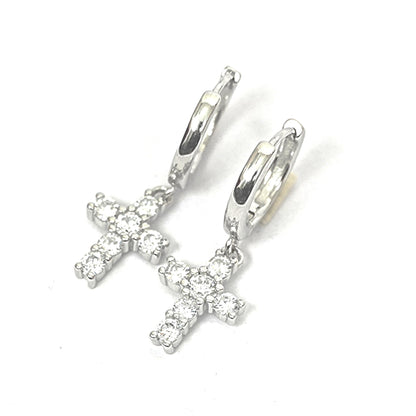 Sterling Silver Earrings – Cross & Gemstone Hoops (2.5 cm)