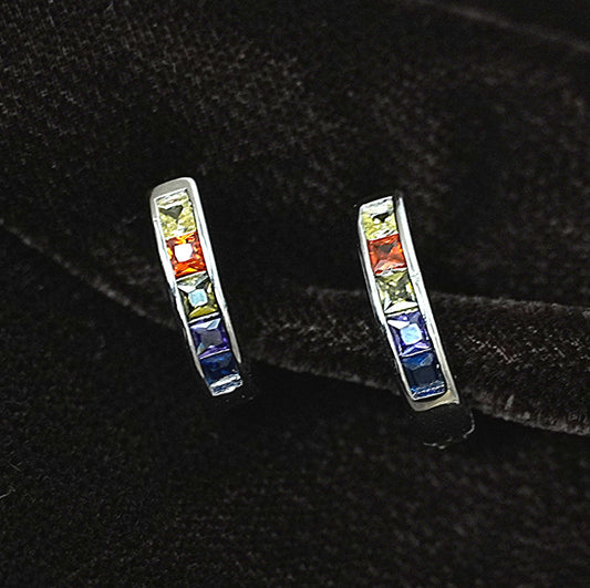 Women’s Sterling Silver Earrings – Rainbow Gemstone Hoops (1.4 cm)