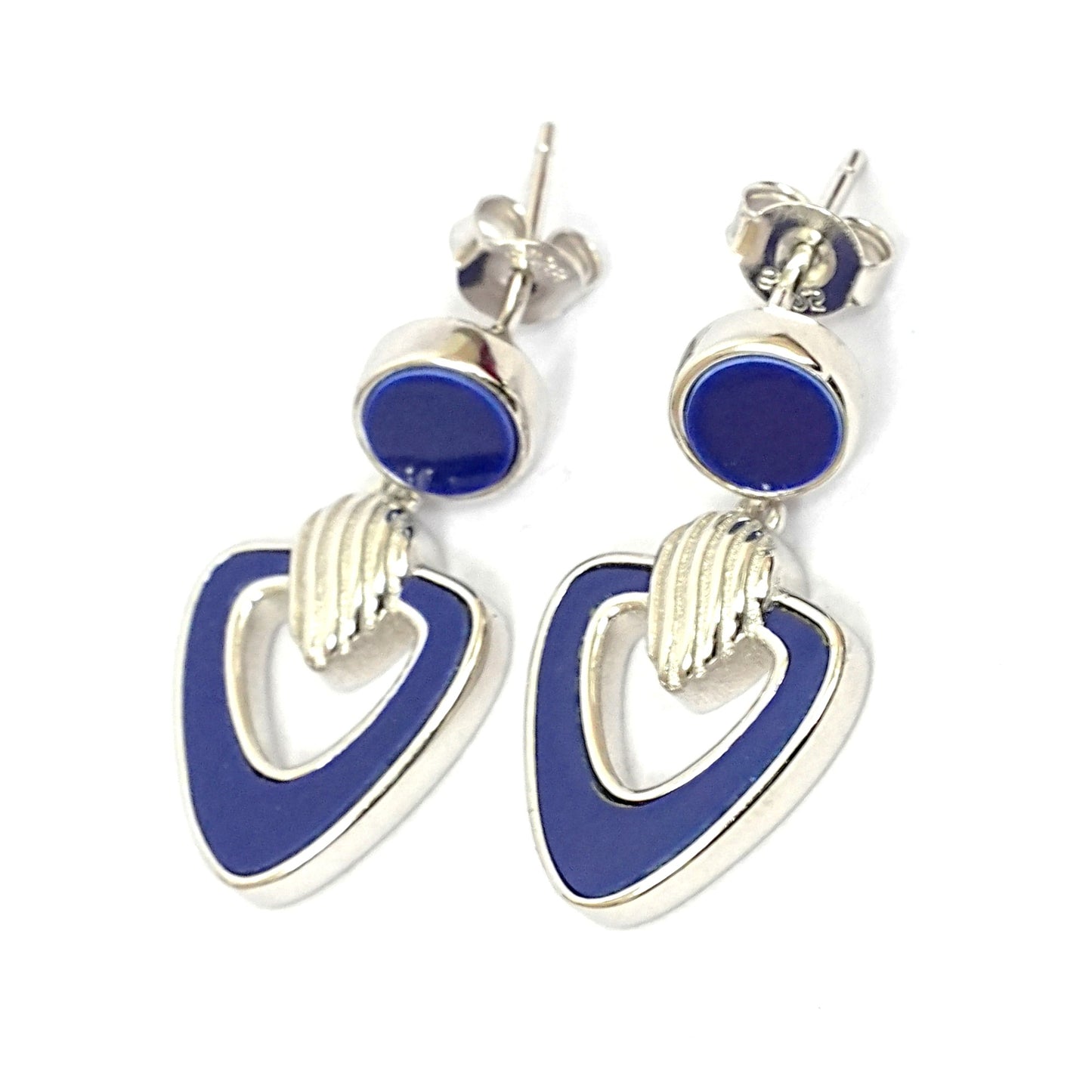 Women’s Sterling Silver Earrings – Blue & Silver Geometric Design (2.5 cm)