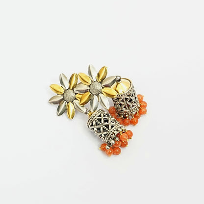Women’s Sterling Silver Earrings – Floral Jhumki with Beads (7 cm)